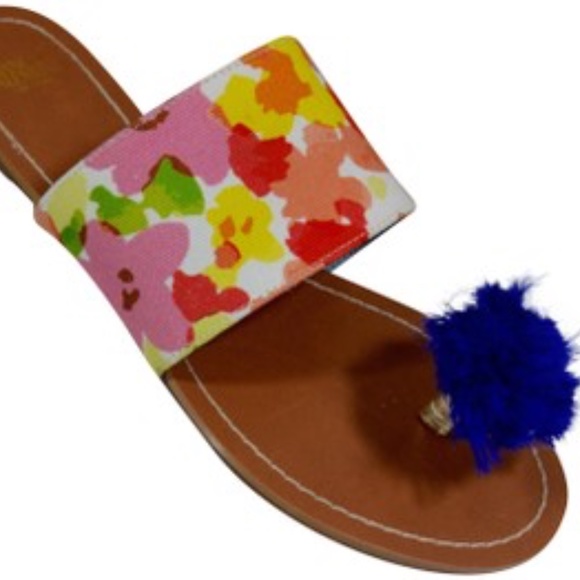 Frances Valentine Multicolor Floral Flats with Blue Pom Pom - Picture 4 of 8